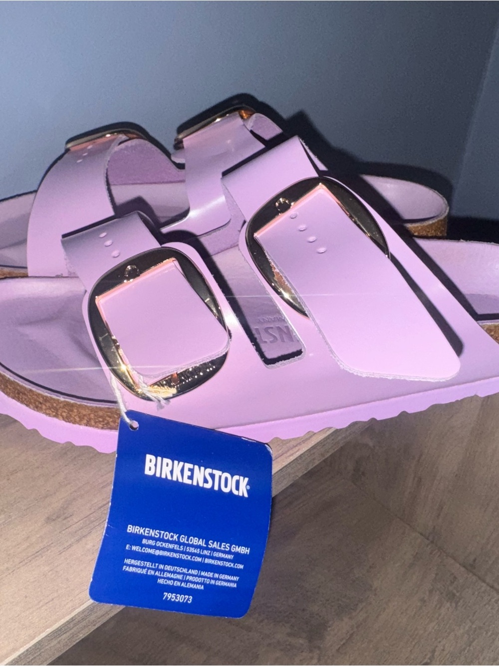 Birkenstock Women's Lilac Arizona Double-Buckle Sandal with Gold Buckles